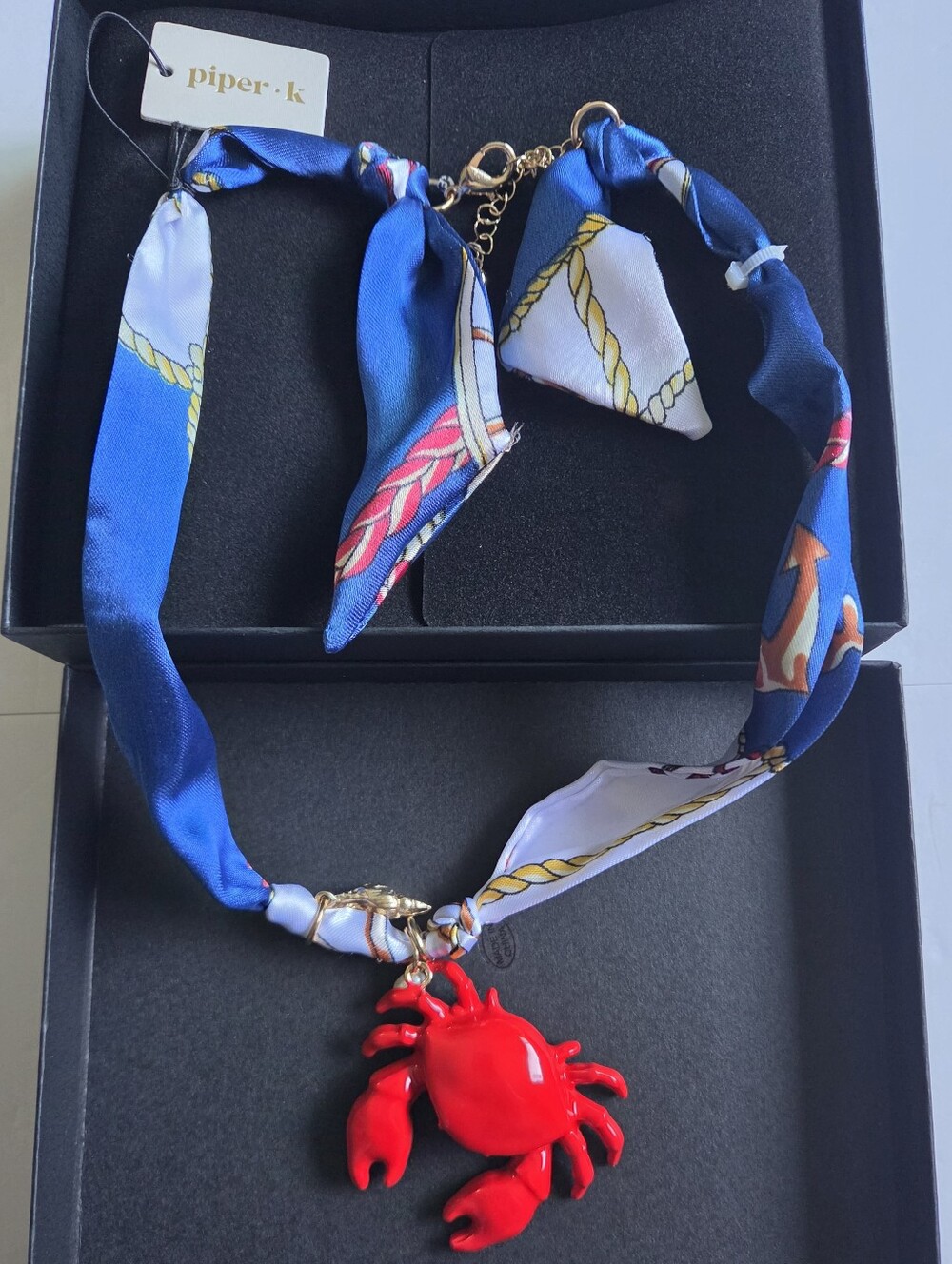 Piper K Silk Scarf Necklace with Red Crab Pendant